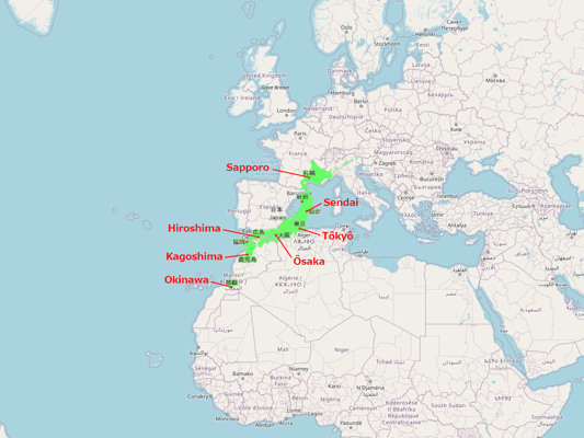 Japan superimposed on France