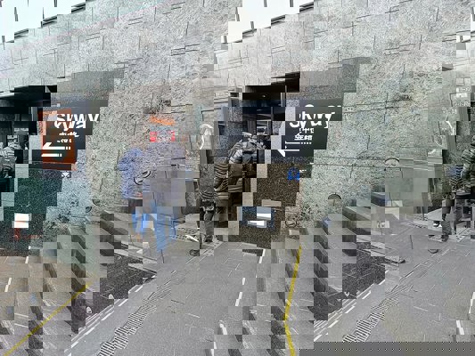 Skyway access door in the stairs