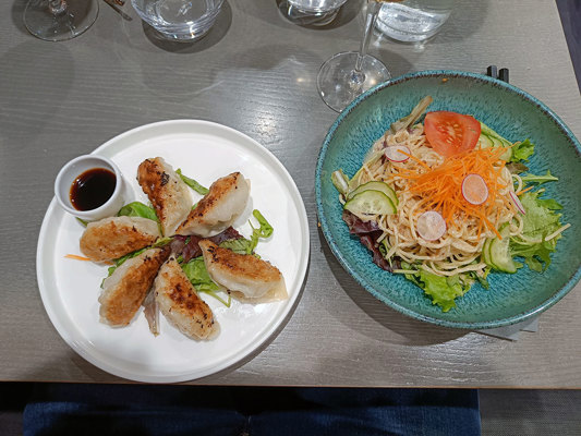 Starters: Gyoza and Ramen salad
